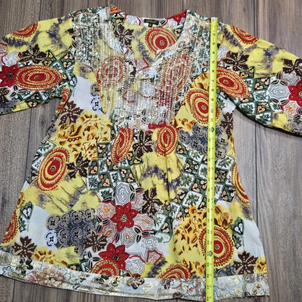 Globus Yellow Patchwork Sequin Embellished Tunic Top Kurti XL Boho V-Neck